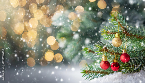 Decorated Christmas tree branch with red and gold ornaments surrounded by soft snowflakes in a festive winter atmosphere