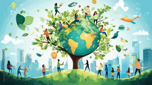 Illustration of social entrepreneurs creating global businesses that focus on social impact and sustainability, illustrations