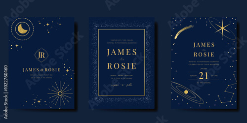 Luxury invitation card design vector set. Elegant wedding card with little star moon sun and space decorative on navy blue background. Design illustration for cover, poster, gala.