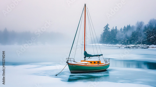 Sailboat in the lake , bound by snow . photo