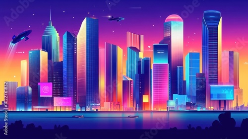 A vibrant futuristic cityscape at sunset, showcasing modern architecture and dynamic elements.