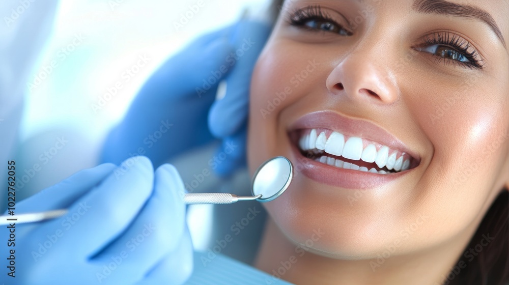 Smiling woman at the dentist for a check-up, with close-up on dental tools and white teeth, representing dental care and oral health Smiling woman at the dentist for a check-up, with close-up on dental tools and white teeth, representing dental care and oral health