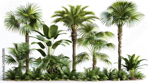 Set of ancient sturdy sago tropical plants palms isolated on white background, clipping path.