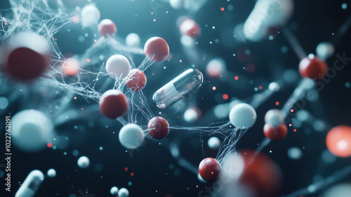 abstract visualization of pharmacodynamics, showcasing dynamic interaction of molecules and particles. image captures essence of scientific exploration and discovery in field of medicine photo