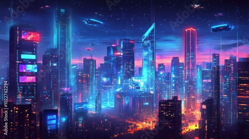 Wallpaper Mural A vibrant futuristic cityscape illuminated by neon lights and flying vehicles at dusk. Torontodigital.ca