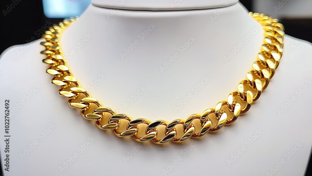 A gold chain necklace on display, showcasing its shiny yellow surface and elegant design. A gold chain necklace on display, showcasing its shiny yellow surface and elegant design.