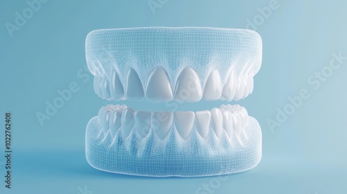 3D wireframe model of human teeth on blue background for educational and commercial use