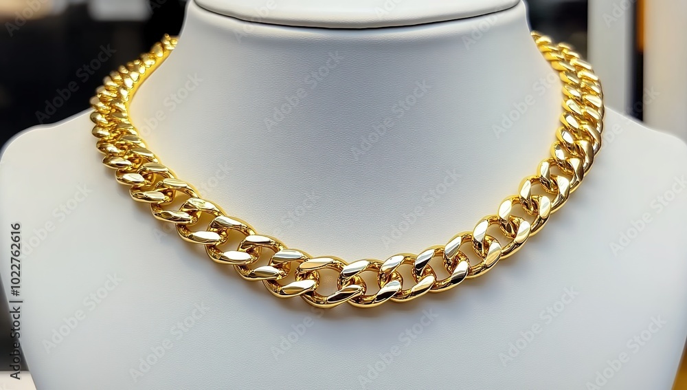 A gold chain necklace on display, showcasing its shiny yellow surface and elegant design. A gold chain necklace on display, showcasing its shiny yellow surface and elegant design.