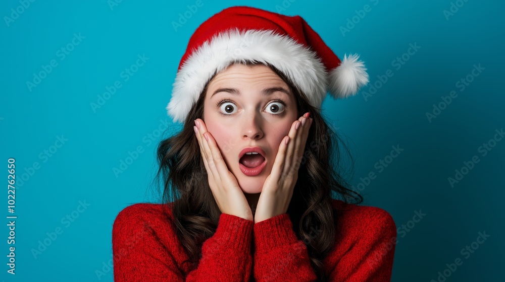 Woman wearing a red hat and a red sweater. She is looking at the camera. Her hair is brown and curly. brunette woman with a christmas hat, red sweater with white fur collar, she looks surprised, Woman wearing a red hat and a red sweater. She is looking at the camera. Her hair is brown and curly. brunette woman with a christmas hat, red sweater with white fur collar, she looks surprised,