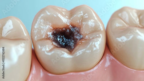Close-up of a decayed tooth showing cavity damage for dental health and care advertising
