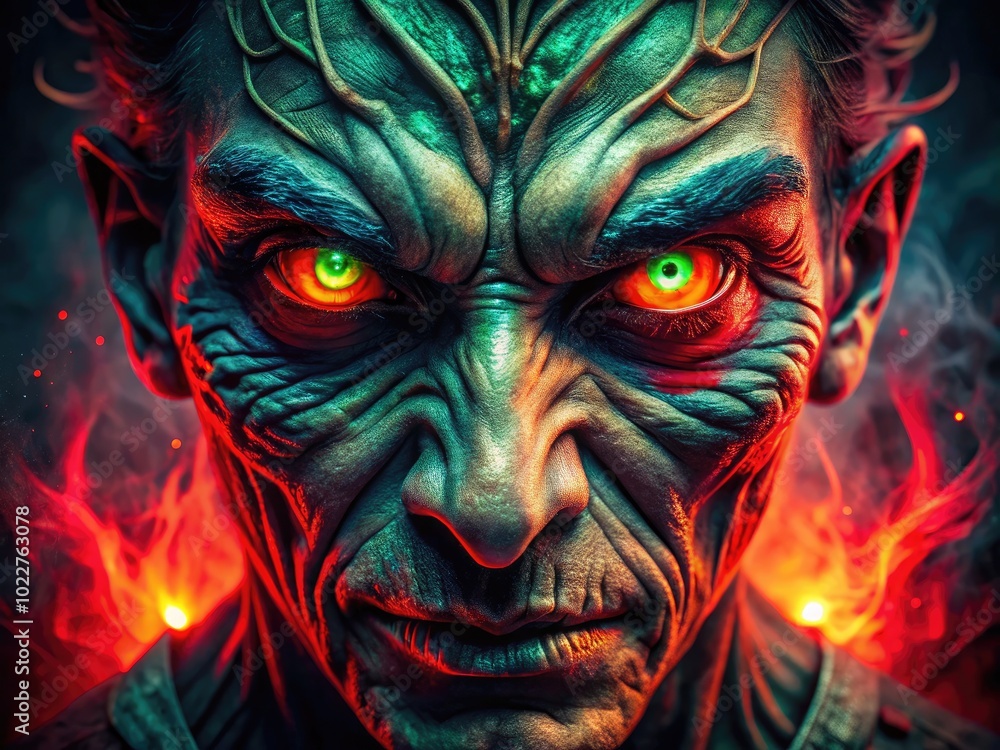 Sinister Glowing Demon Eyes in Darkness with Fiery Red and Green Hues for Spooky Imagery and Art Sinister Glowing Demon Eyes in Darkness with Fiery Red and Green Hues for Spooky Imagery and Art