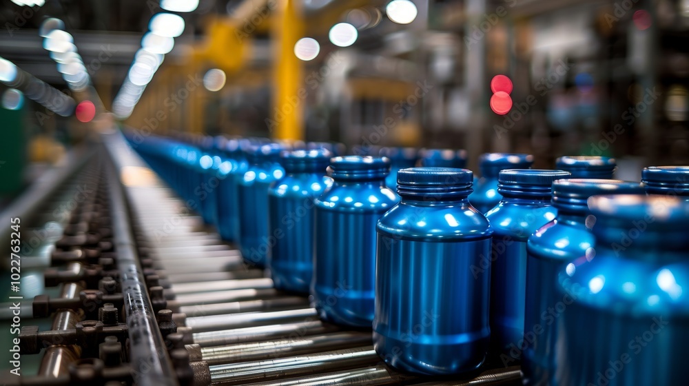 Fototapeta premium Shiny blue aluminum containers are being transported smoothly on a conveyor belt inside a bustling manufacturing facility