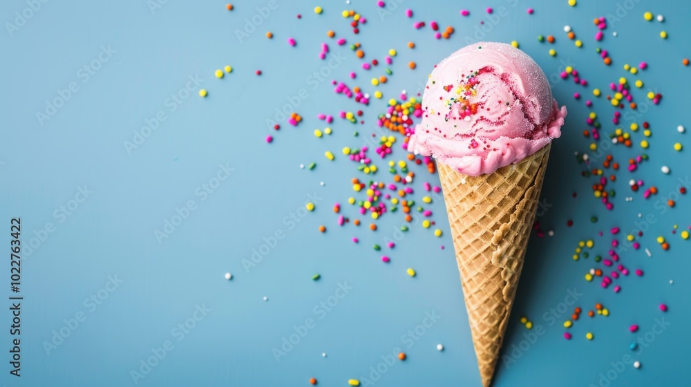 Pink Ice Cream Cone with Sprinkles on Blue Background Pink Ice Cream Cone with Sprinkles on Blue Background