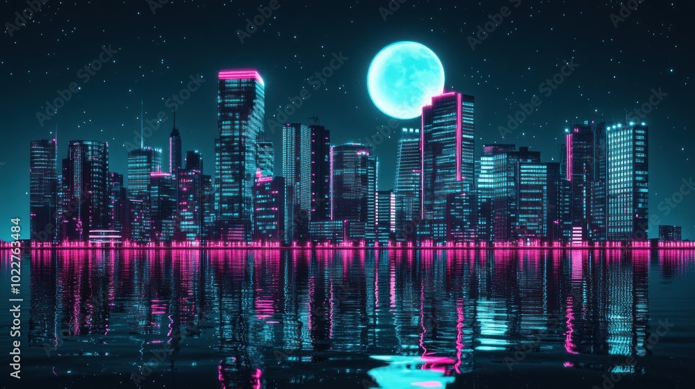 Obraz premium A neon-lit city skyline reflecting on water under a bright moon.