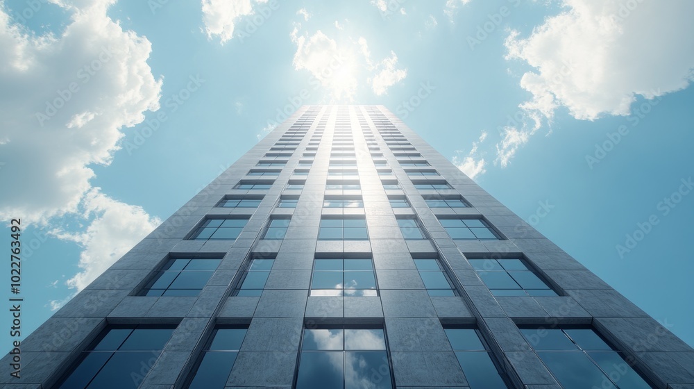 A low angle view of a tall skyscraper with a bright sun shining through the clouds in the sky. A low angle view of a tall skyscraper with a bright sun shining through the clouds in the sky.