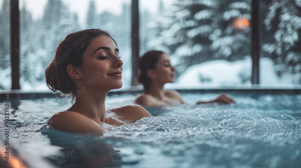 Two women relaxing in a heated indoor pool with snowy forest view outside Two women relaxing in a heated indoor pool with snowy forest view outside