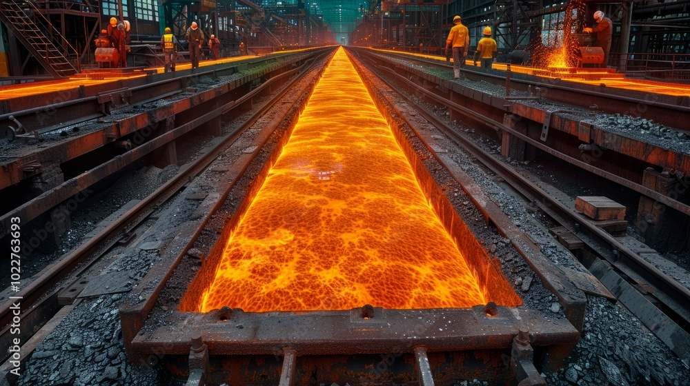 Molten metal flows through tracks as workers oversee the process in a dimly lit industrial foundry during the evening shift Molten metal flows through tracks as workers oversee the process in a dimly lit industrial foundry during the evening shift