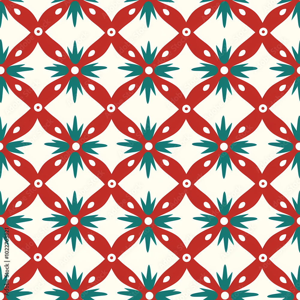 Geometric Seamless Pattern with Red and Green Floral Elements for Decorative Paper and Scrapbooking Geometric Seamless Pattern with Red and Green Floral Elements for Decorative Paper and Scrapbooking