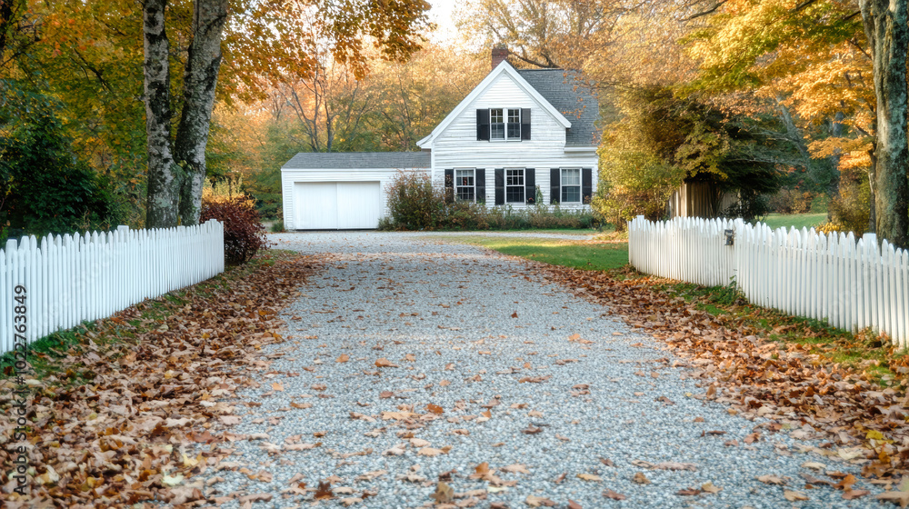 A picturesque driveway adorned with autumn leaves leading to a charming New England home with a white picket fence A picturesque driveway adorned with autumn leaves leading to a charming New England home with a white picket fence