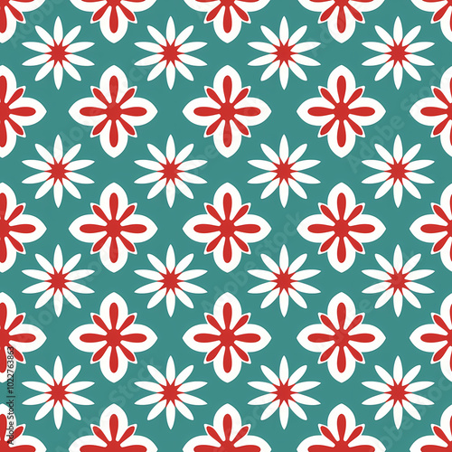 Seamless Pattern of Red and White Star-Shaped Flowers on a Green Background for Scrapbooking