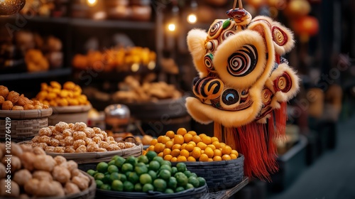 A vibrant Chinese lion dance costume hanging in a traditional market surrounded by baskets of fresh fruits and snacks, evoking the festive spirit and cultural heritage of Chinese New Year photo