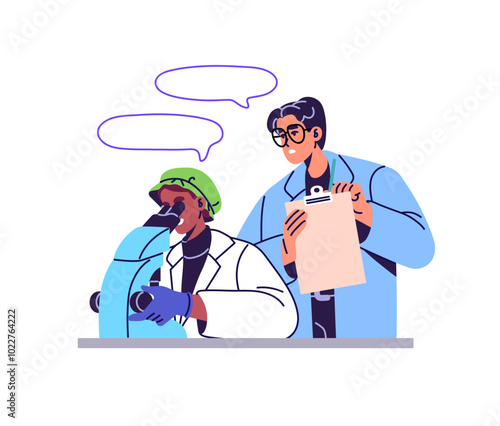 Scientists do chemical research, tests in laboratory. Science workers discover, study remedy with microscope. Doctors in uniform work in medical lab. Flat isolated vector illustration on white