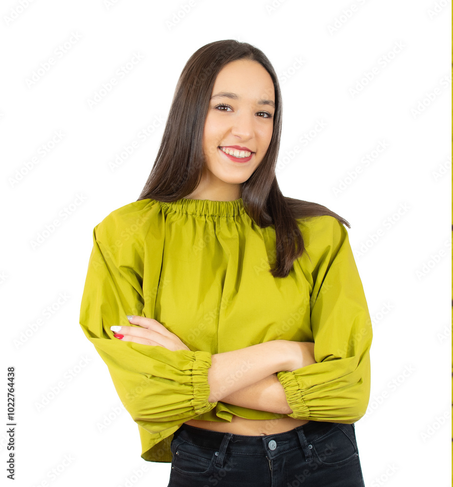 Portrait of a smiling charming woman standing with arms folded and looking at camera isolated over transparent background Portrait of a smiling charming woman standing with arms folded and looking at camera isolated over transparent background