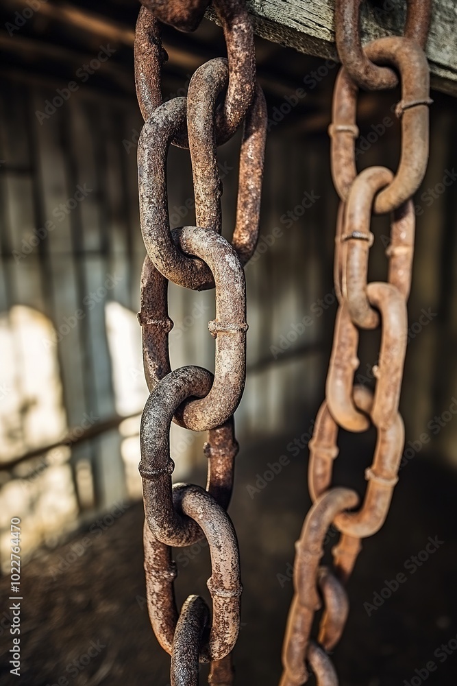 Rusty chains hanging in a dim shed, focus on textures Rusty chains hanging in a dim shed, focus on textures