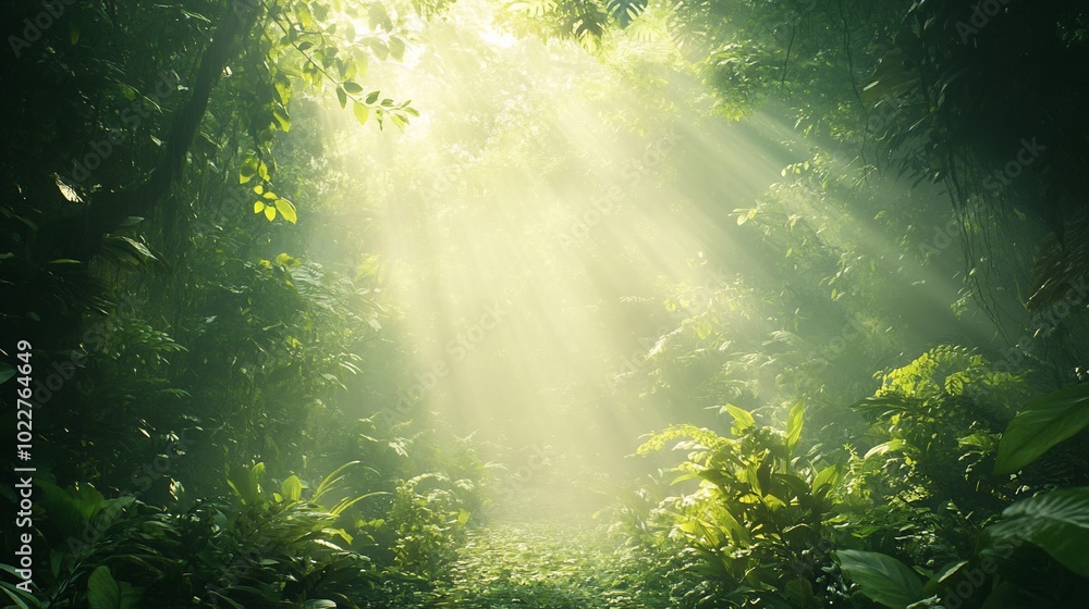 Sunlight beams through the dense foliage of a lush jungle. Sunlight beams through the dense foliage of a lush jungle.