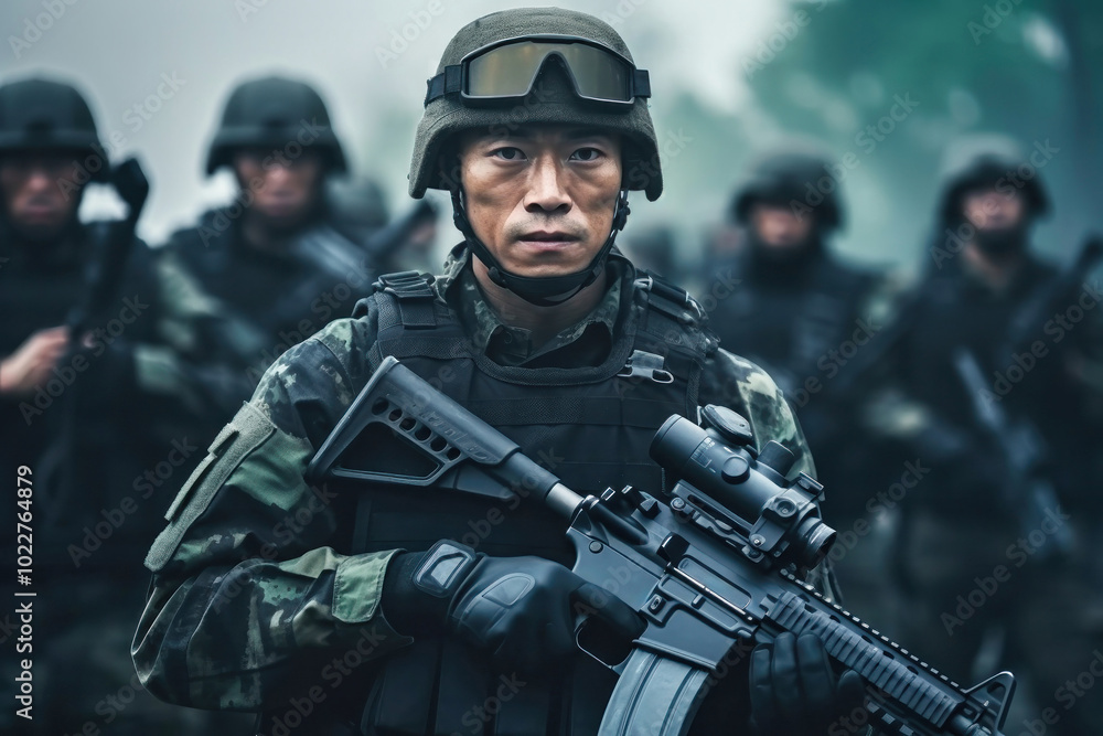 Chinese soldier stands resolutely among comrades, armed with a rifle in a dense forest during a military training exercise in 2023 Chinese soldier stands resolutely among comrades, armed with a rifle in a dense forest during a military training exercise in 2023