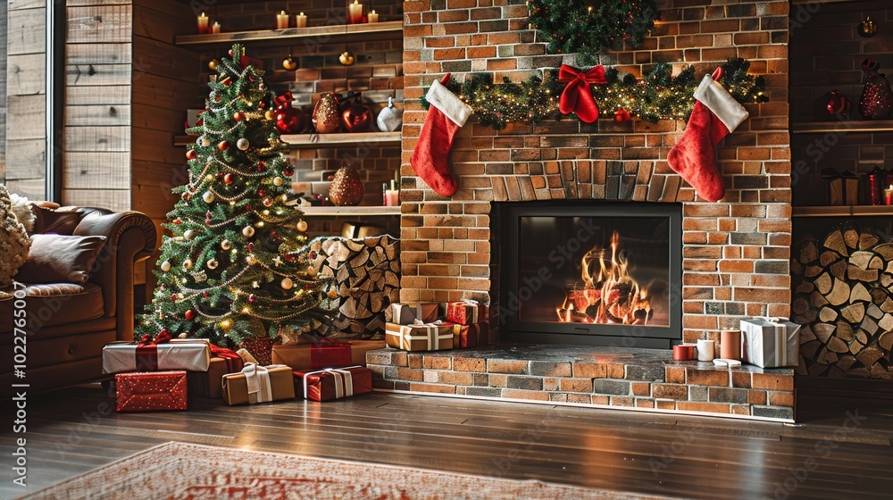 Decorated Christmas tree and glowing fireplace in cozy living room for the holiday season Decorated Christmas tree and glowing fireplace in cozy living room for the holiday season