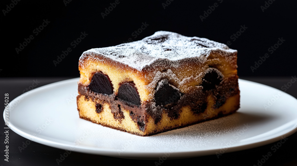 Close-up of a slice of marble chocolate cake with powdered sugar topping on a white plate against a black background. Close-up of a slice of marble chocolate cake with powdered sugar topping on a white plate against a black background.