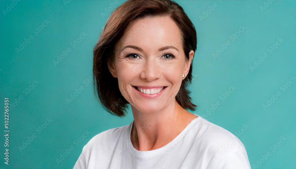 Smiling woman with shoulder-length brown hair poses confidently against a teal backdrop, showcasing a warm and approachable personality Smiling woman with shoulder-length brown hair poses confidently against a teal backdrop, showcasing a warm and approachable personality