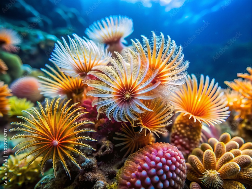 Stunning Feather Duster Worms in Vibrant Ocean Habitat for Product Photography Stunning Feather Duster Worms in Vibrant Ocean Habitat for Product Photography