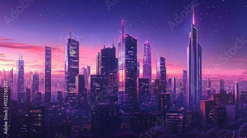 Wallpaper Mural A vibrant futuristic city skyline at dusk, glowing under a starry sky. Torontodigital.ca