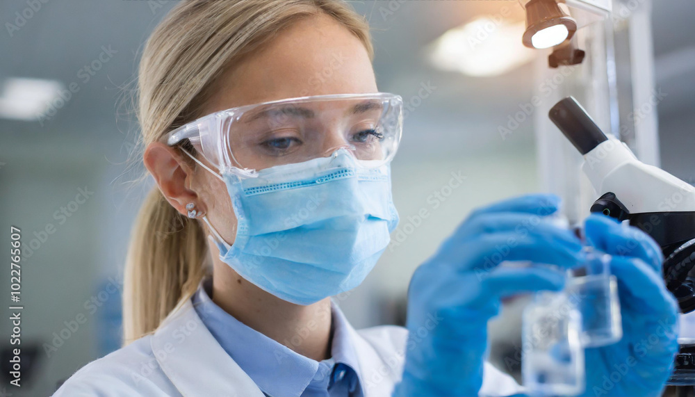 A scientist in a laboratory carefully examining a sample under a microscope while wearing protective gear in the early afternoon A scientist in a laboratory carefully examining a sample under a microscope while wearing protective gear in the early afternoon