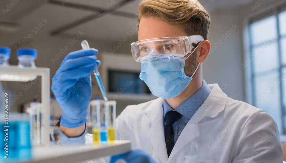 Scientist conducting experiments in a laboratory using pipettes and test tubes during daytime Scientist conducting experiments in a laboratory using pipettes and test tubes during daytime