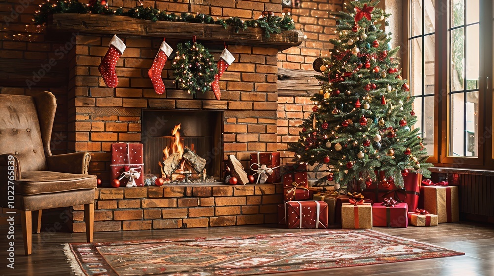 Fototapeta premium Warmly lit living room with brick fireplace and Christmas tree decorated for the holidays