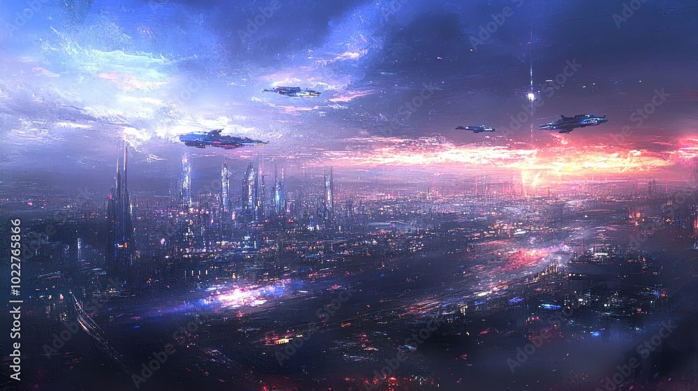 Fototapeta premium A futuristic cityscape illuminated by vibrant colors and flying vehicles.