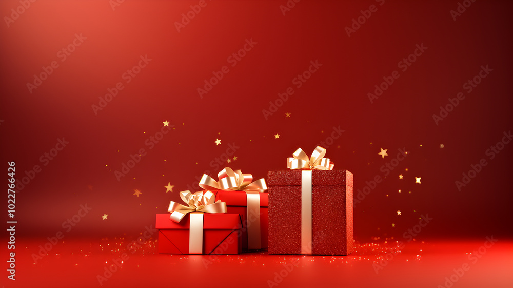 christmas background with gift box fir tree , snow and bauble on bokeh red background christmas background with gift box fir tree , snow and bauble on bokeh red background