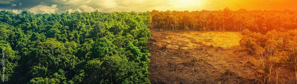 A striking contrast between lush forest and barren land, highlighting environmental change and deforestation concerns. A striking contrast between lush forest and barren land, highlighting environmental change and deforestation concerns.