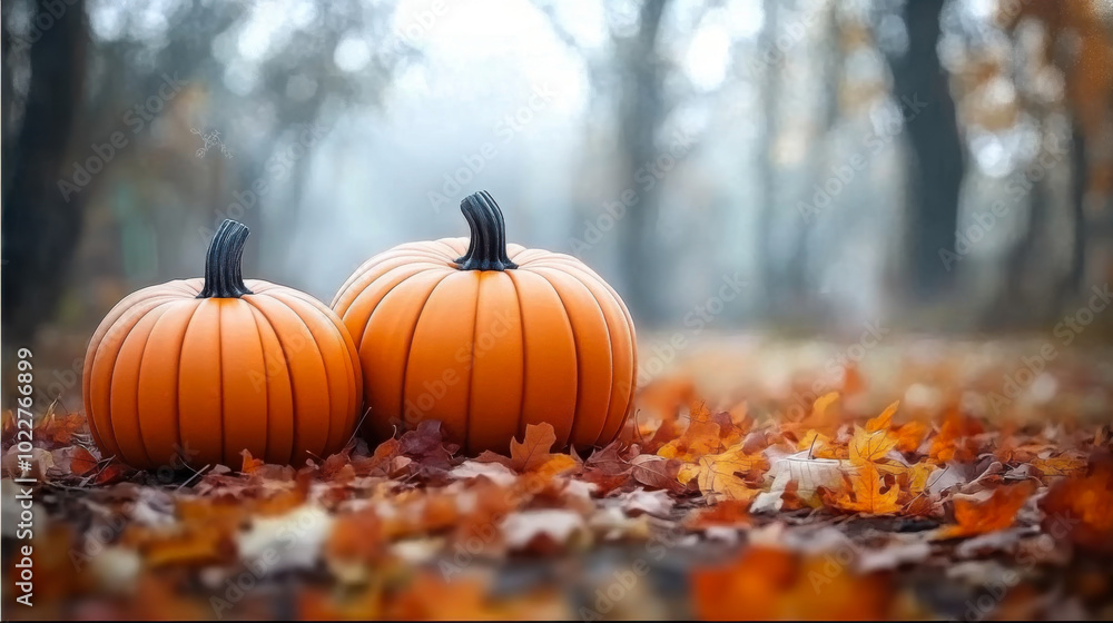 A serene autumn scene featuring three pumpkins nestled in vibrant fallen leaves, surrounded by a soft, misty forest backdrop. A serene autumn scene featuring three pumpkins nestled in vibrant fallen leaves, surrounded by a soft, misty forest backdrop.