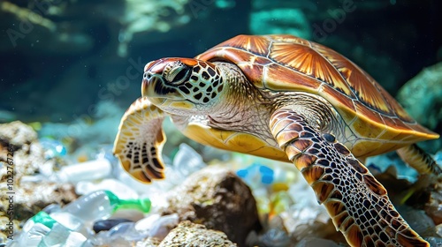 A sea turtle swimming gracefully through water, surrounded by plastic waste, highlighting ocean pollution issues.