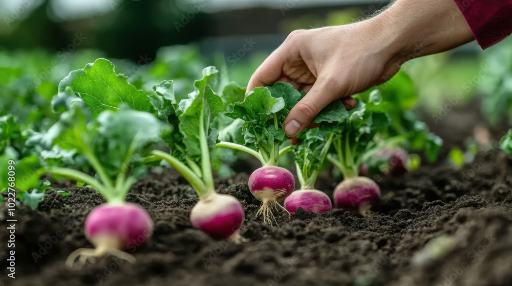 Close-up, organic fresh vegetables. The farmer has a fresh radish in his hands Close-up, organic fresh vegetables. The farmer has a fresh radish in his hands