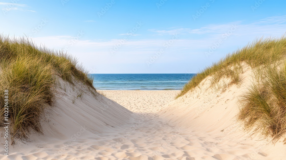 A serene beach pathway framed by soft sand dunes and lush grass, leading to a tranquil sea under a clear blue sky. A serene beach pathway framed by soft sand dunes and lush grass, leading to a tranquil sea under a clear blue sky.
