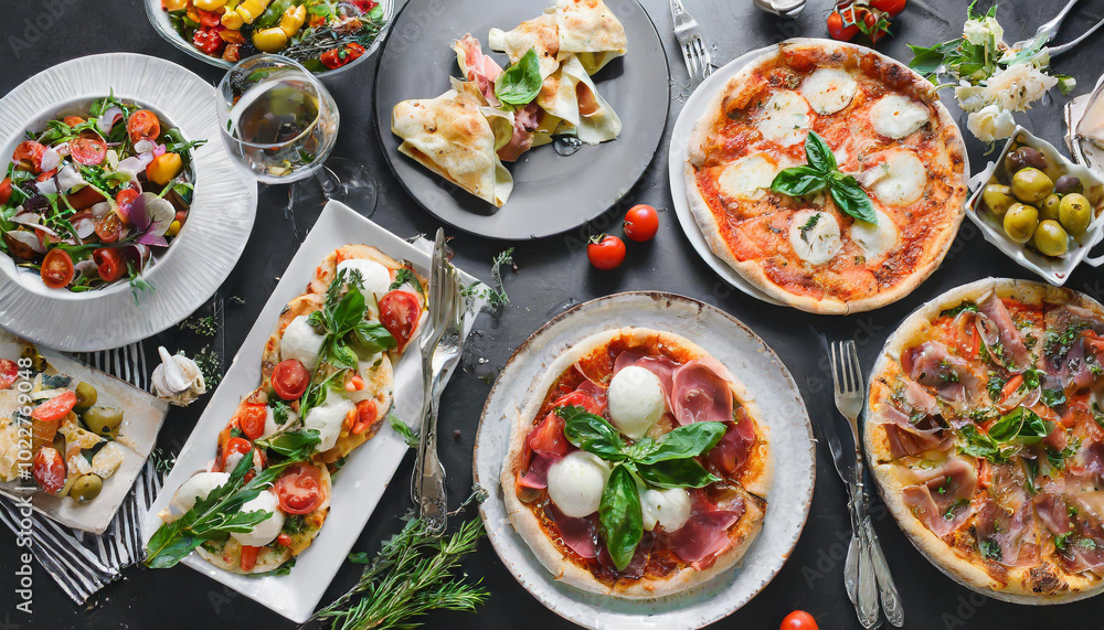 A vibrant Italian feast featuring a variety of pizzas, salads, and appetizers artfully arranged on a rustic table A vibrant Italian feast featuring a variety of pizzas, salads, and appetizers artfully arranged on a rustic table