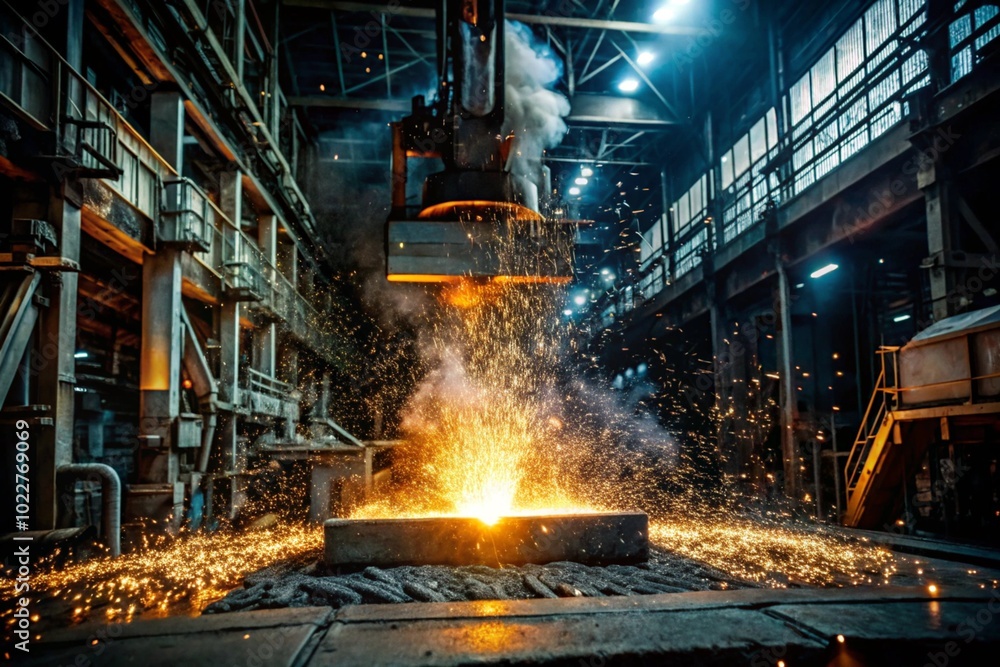 Hard work. Factory, industry, metallurgy. Casting of liquid steel from a ladle during the casting process in a foundry. Metal production. Hard work. Factory, industry, metallurgy. Casting of liquid steel from a ladle during the casting process in a foundry. Metal production.
