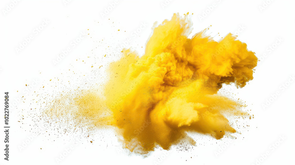 close up horizontal isolated image of a yellow powder explosion over a white background, copy space close up horizontal isolated image of a yellow powder explosion over a white background, copy space