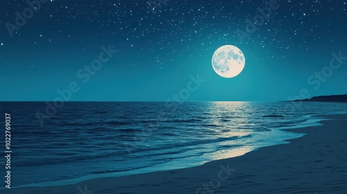 A serene moonlit beach scene at night, with shimmering waves under a bright full moon, creating a tranquil atmosphere.