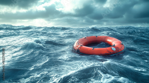 Man drifts in inflatable boat toward lifebuoy in stormy sea, rescued by ship crew after ordeal in the open ocean during a turbulent weather event